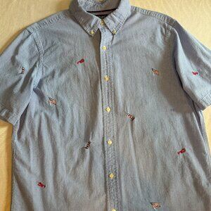 Chaps Shirt Men L Blue White Stripe Red Lobster Seersucker S/S Coastal Nautical